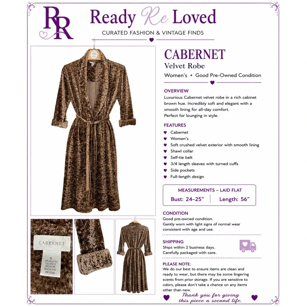 Cabernet Women's XL Brown Crushed Velvet Long Robe Belted Shawl Collar Vintage